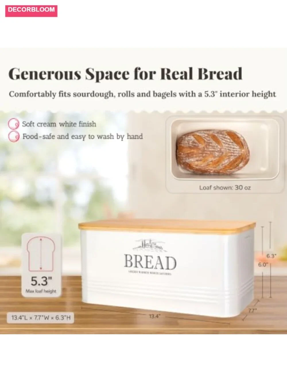 Metal Bread Box with Bamboo Lid Farmhouse Kitchen Storage